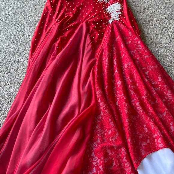 Red Sequin Lace Ballroom Dance Gown Mesh Sleeves L Holiday Glam Pageant Evening - Picture 6 of 16